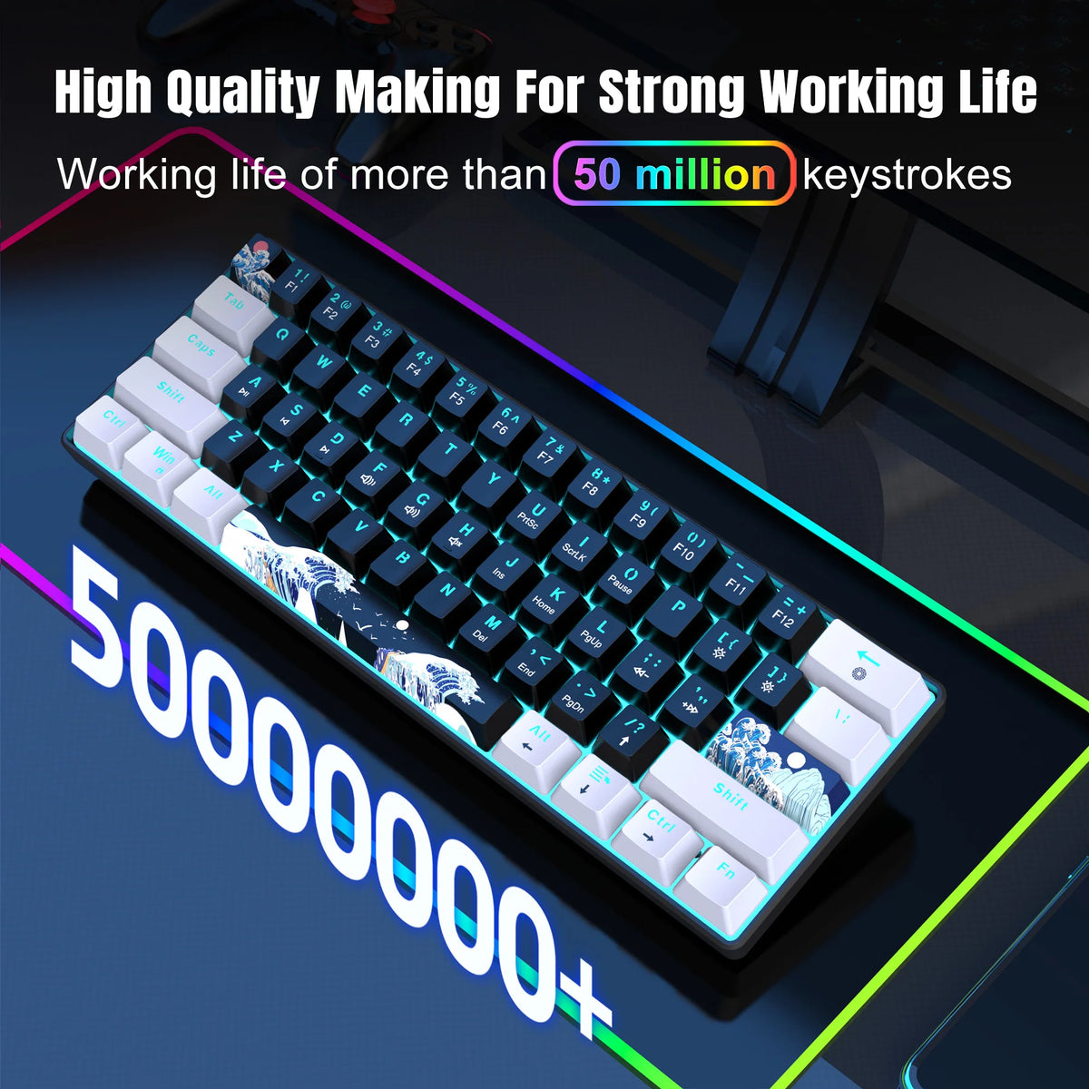Gros plan d'un clavier mécanique compact avec des touches bleues et blanches sur une surface sombre.