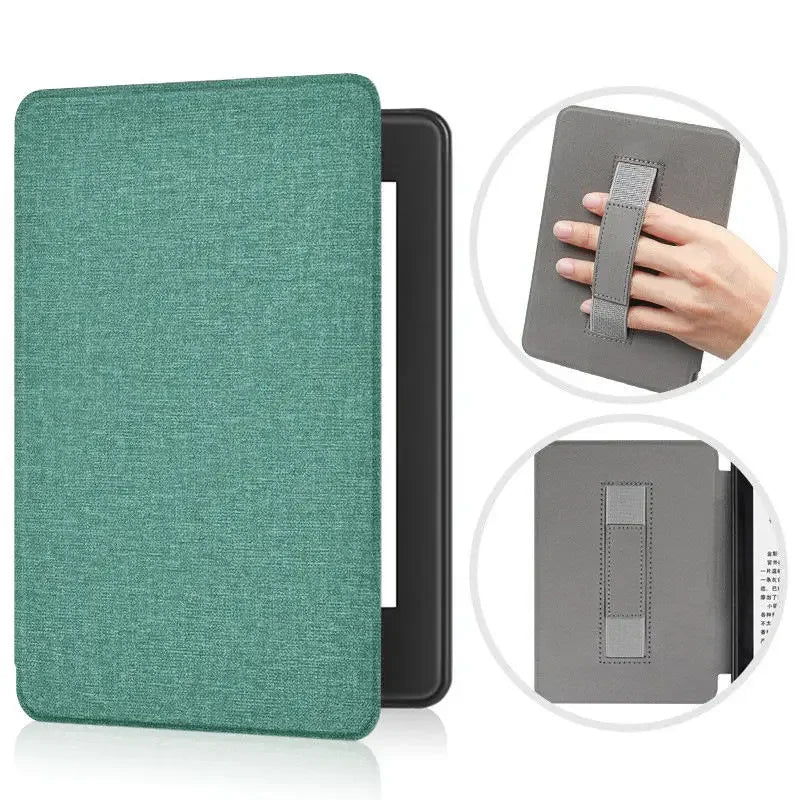 A teal-colored protective case for a Kindle Paperwhite, shown in various angles.