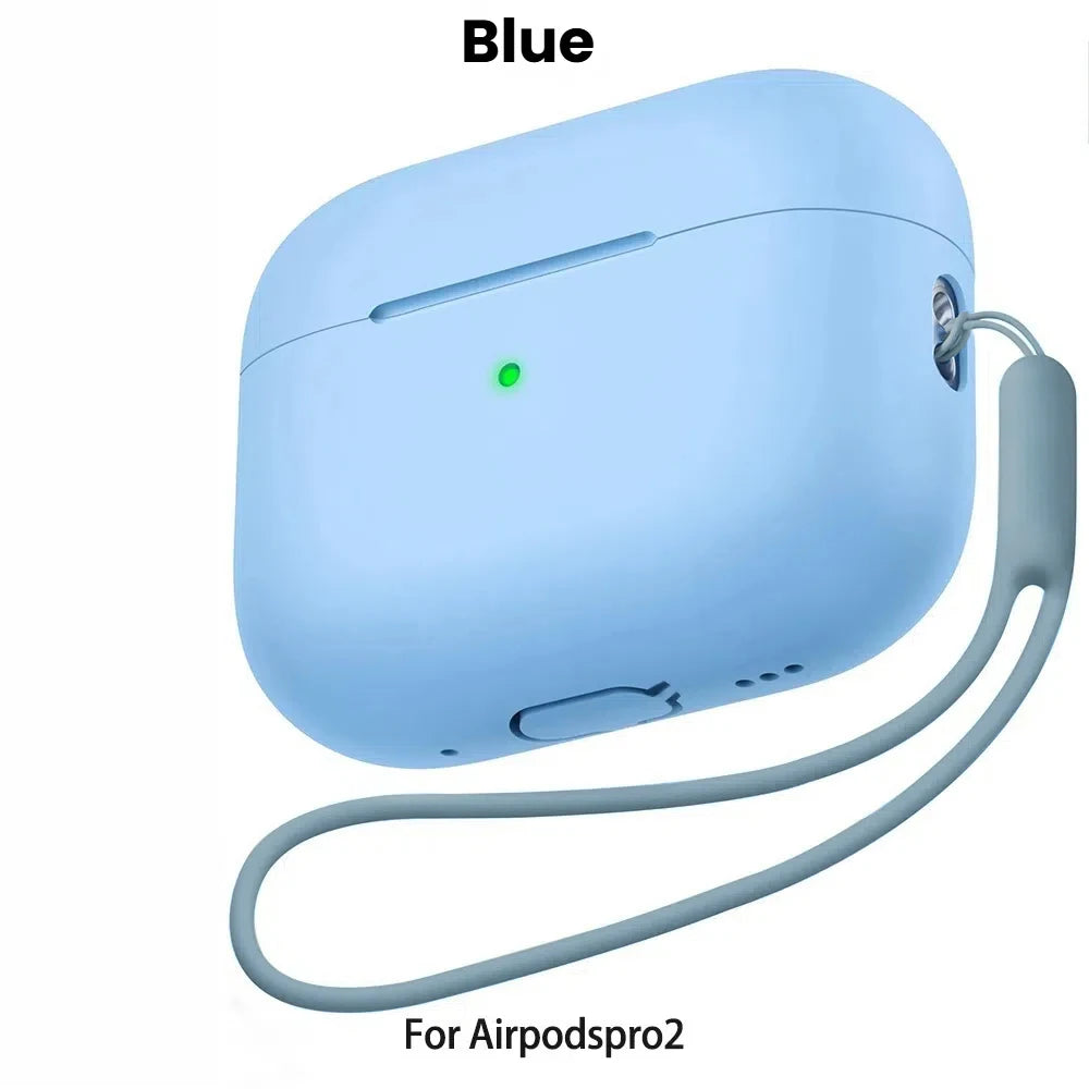 Blue liquid silicone case for AirPods Pro 2 with a cleaning pen and lanyard