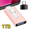 A pink USB 3.0 flash drive with Lightning and Type-C connectors is shown next to a silver connector piece.
