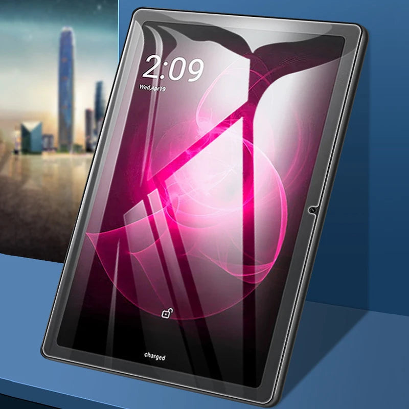 A tablet displaying a screen protector with a digital clock showing 2:09 and a glowing pink design.