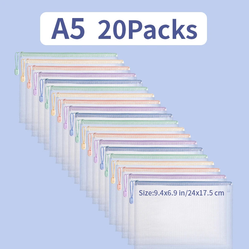 A5 size waterproof mesh zipper document pouches in various pastel colors stacked in packs