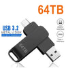 A black USB 3.2 Metal U disk with a 64TB capacity and Type-C interface connector.