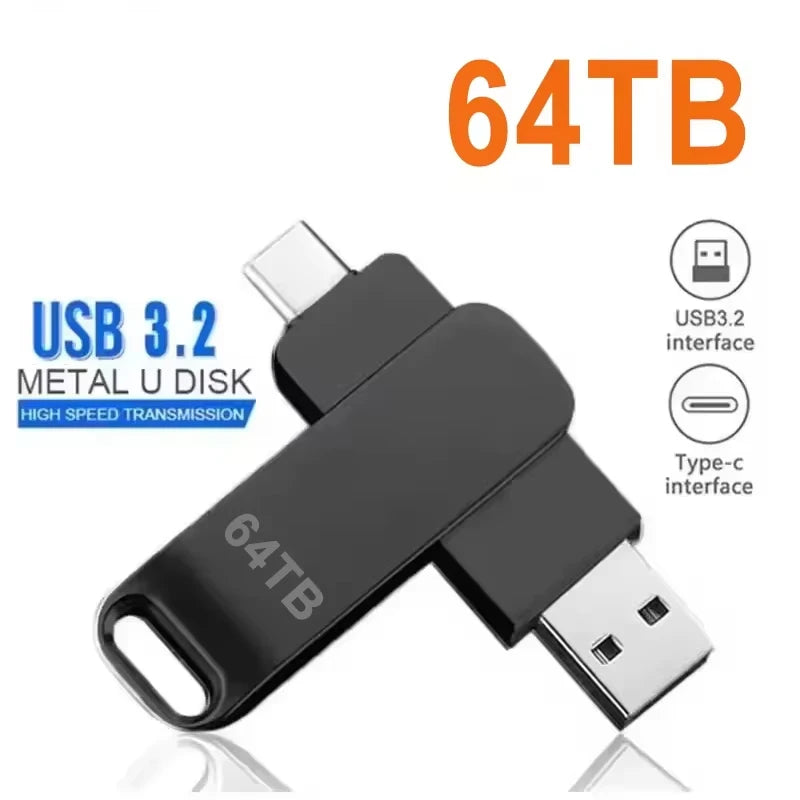 A black USB 3.2 Metal U disk with a 64TB capacity and Type-C interface connector.