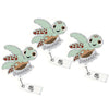 A silver badge reel featuring a charm of a cute green and orange turtle nurse character.