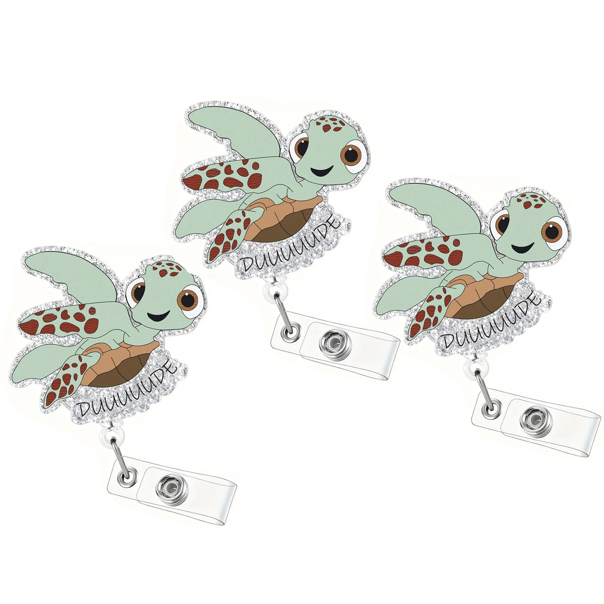 A silver badge reel featuring a charm of a cute green and orange turtle nurse character.