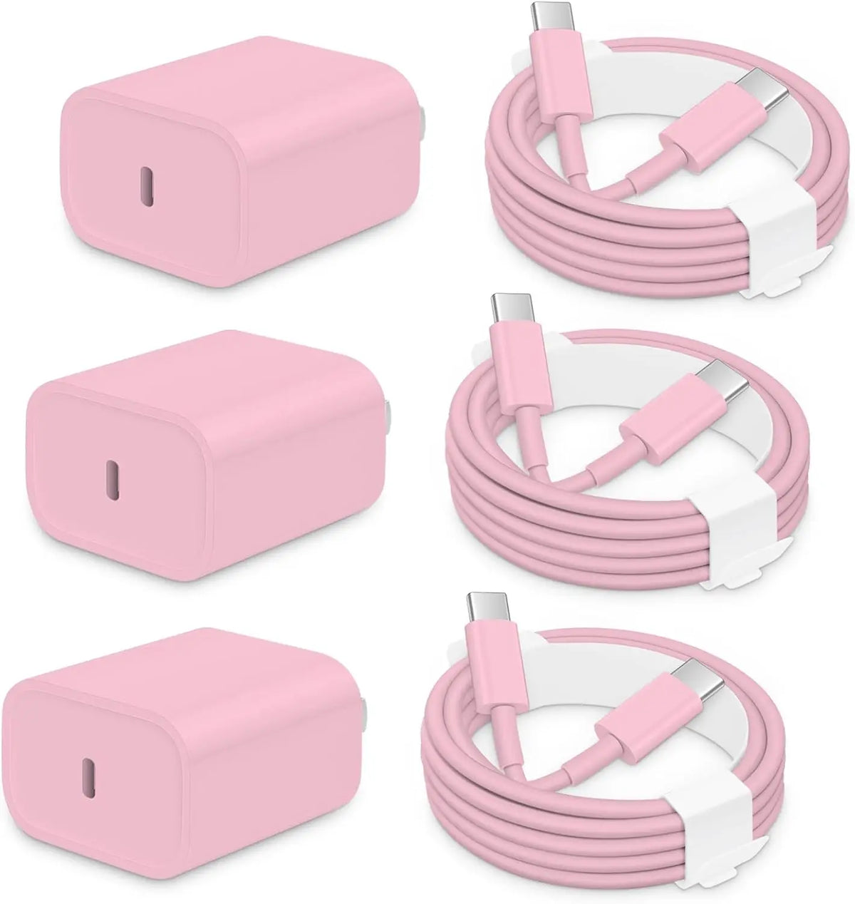 Three pink fast charging USB-C power adapters shown in various views and with coiled cables.