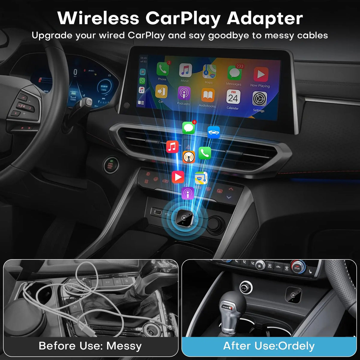 Wireless CarPlay Adapter showing before and after use of a car interface device