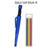 A blue mechanical carpenter pencil with a built-in sharpener and a set of colored pencils.