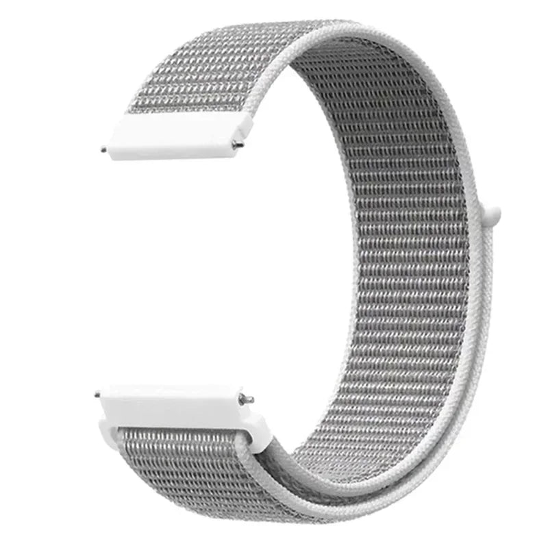 A gray nylon loop watch strap with a white buckle shown against a white background.