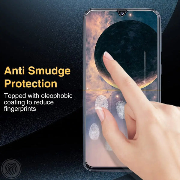 Hand applying an anti smudge protection coating to a smartphone screen featuring a space background.