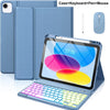A blue multi-function case for an iPad showing the tablet, keyboard, pen, and mouse accessories.