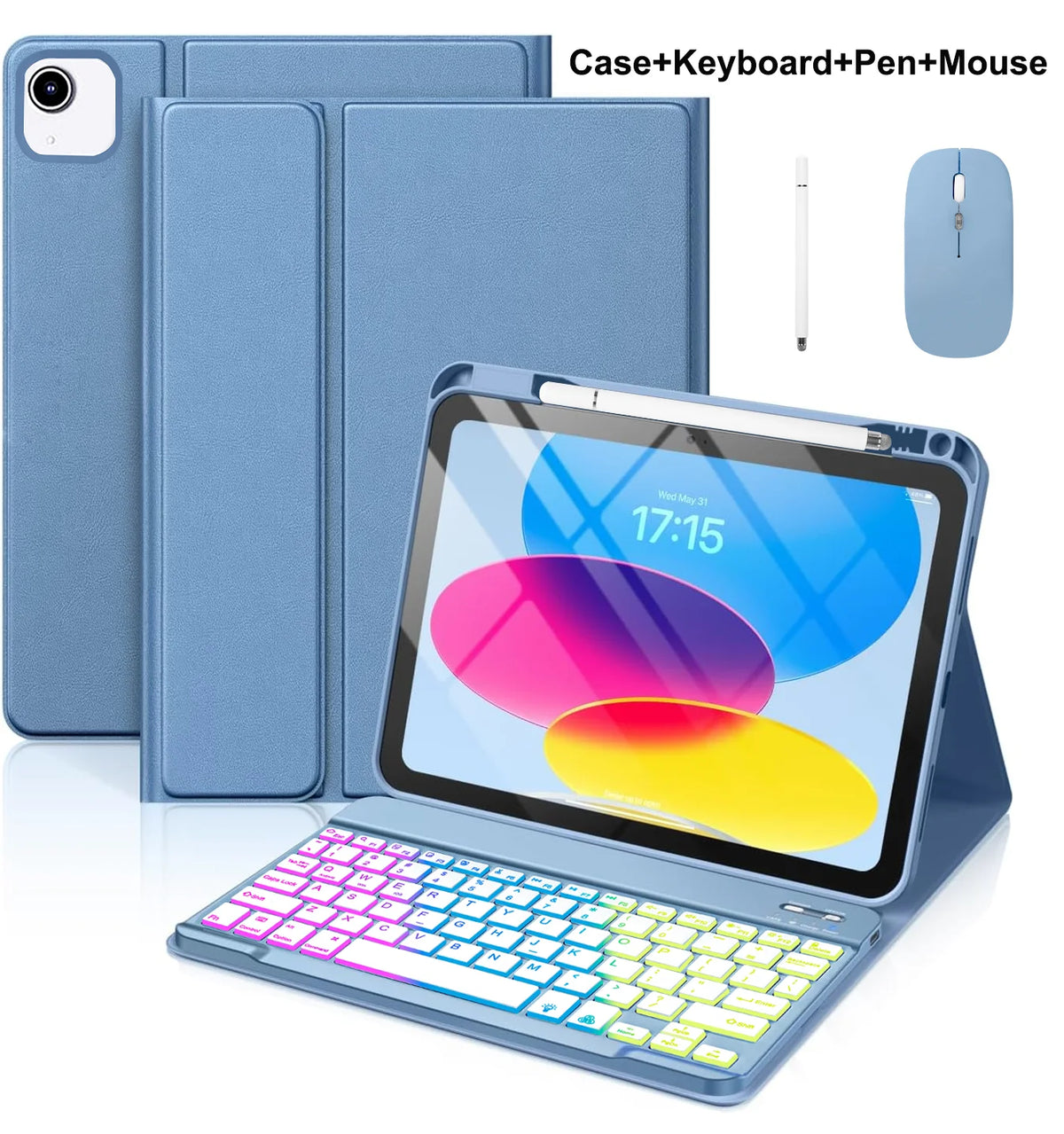 A blue multi-function case for an iPad showing the tablet, keyboard, pen, and mouse accessories.