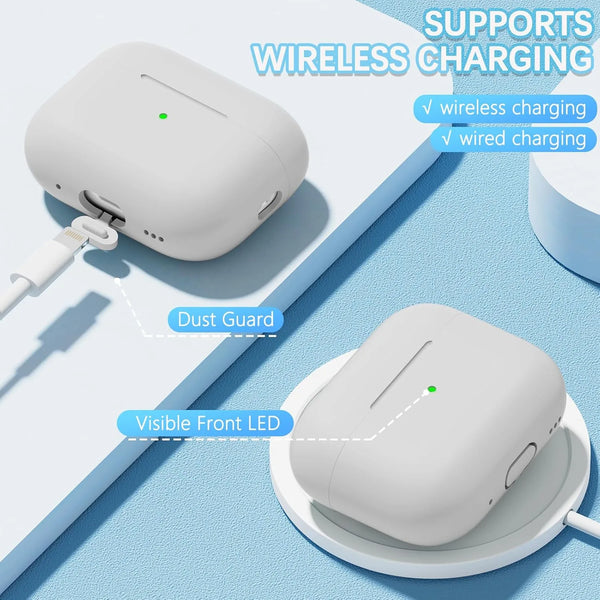 A white Liquid Silicone case for AirPods Pro 2 is shown with a cleaning pen and lanyard, demonstrating wireless and wired cha