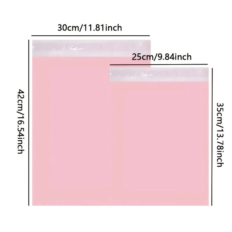 Pink reusable self-sealing packaging bags shown with dimensions 30cm by 42cm.