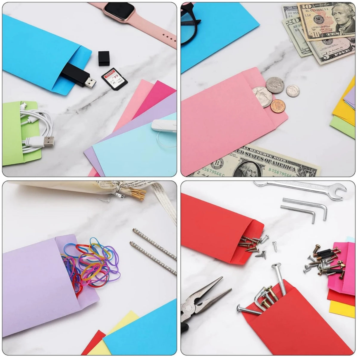 A collection of colorful cash envelopes in various shades including pink, blue, and red, displayed on a white marble surface.