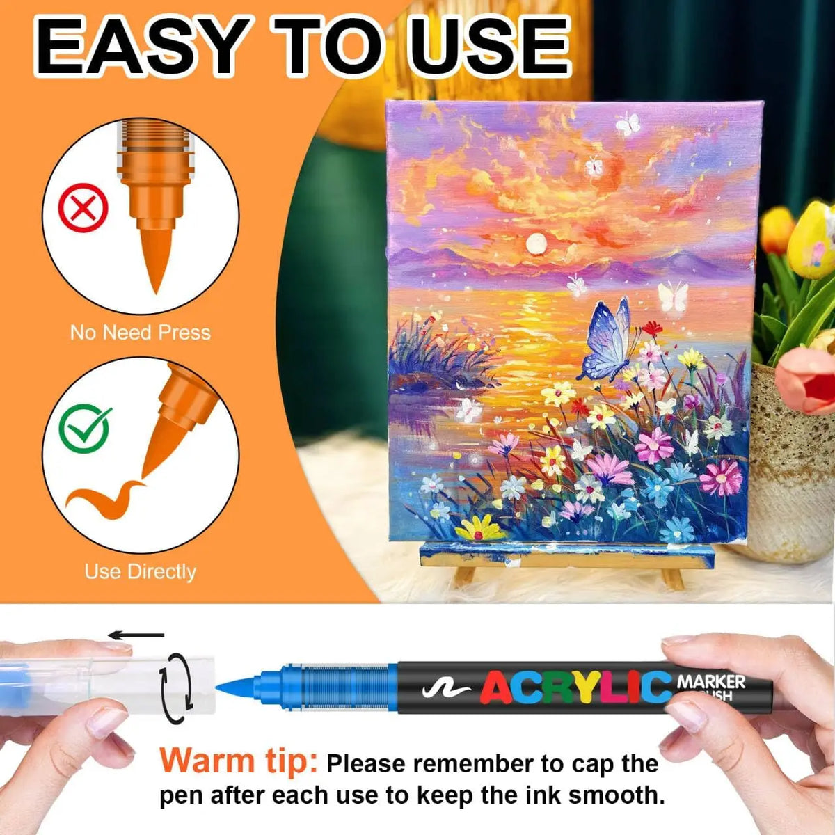 A set of 24-color acrylic marker pens displayed next to a vibrant painting featuring flowers and a sunset.
