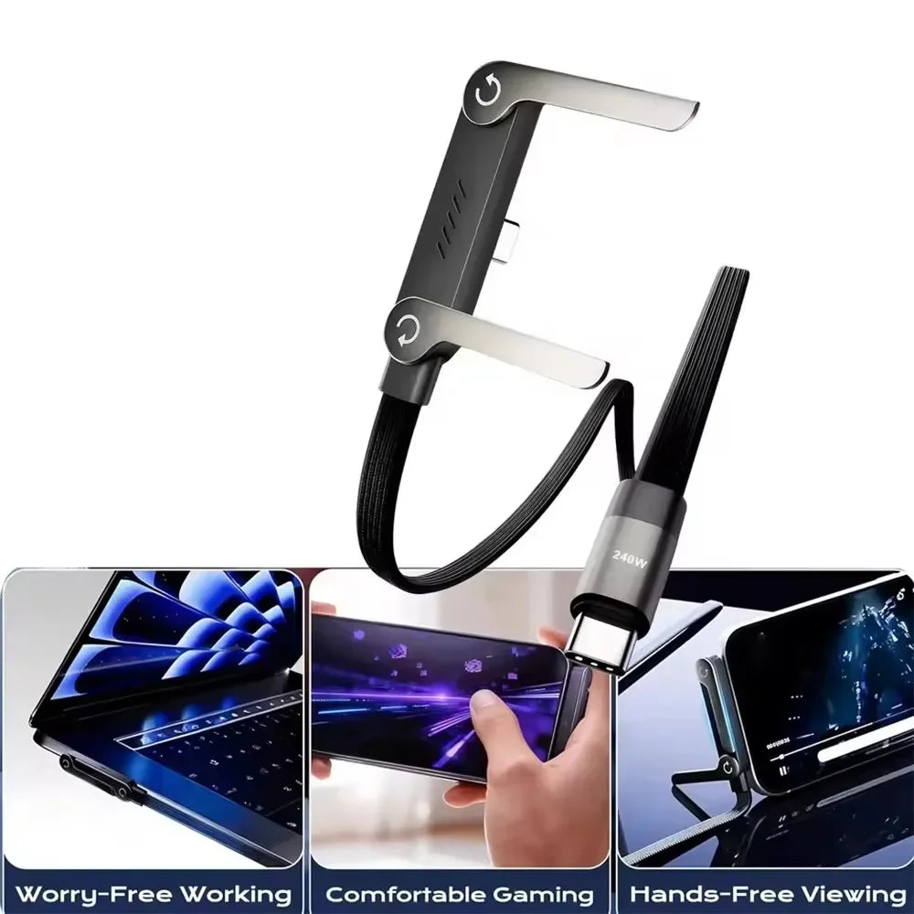 A black foldable type-c charging cable and phone holder with a metal clip for hands-free viewing.