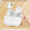 White True Wireless Earbuds with touch controls shown next to a hand demonstrating the easy connection feature.