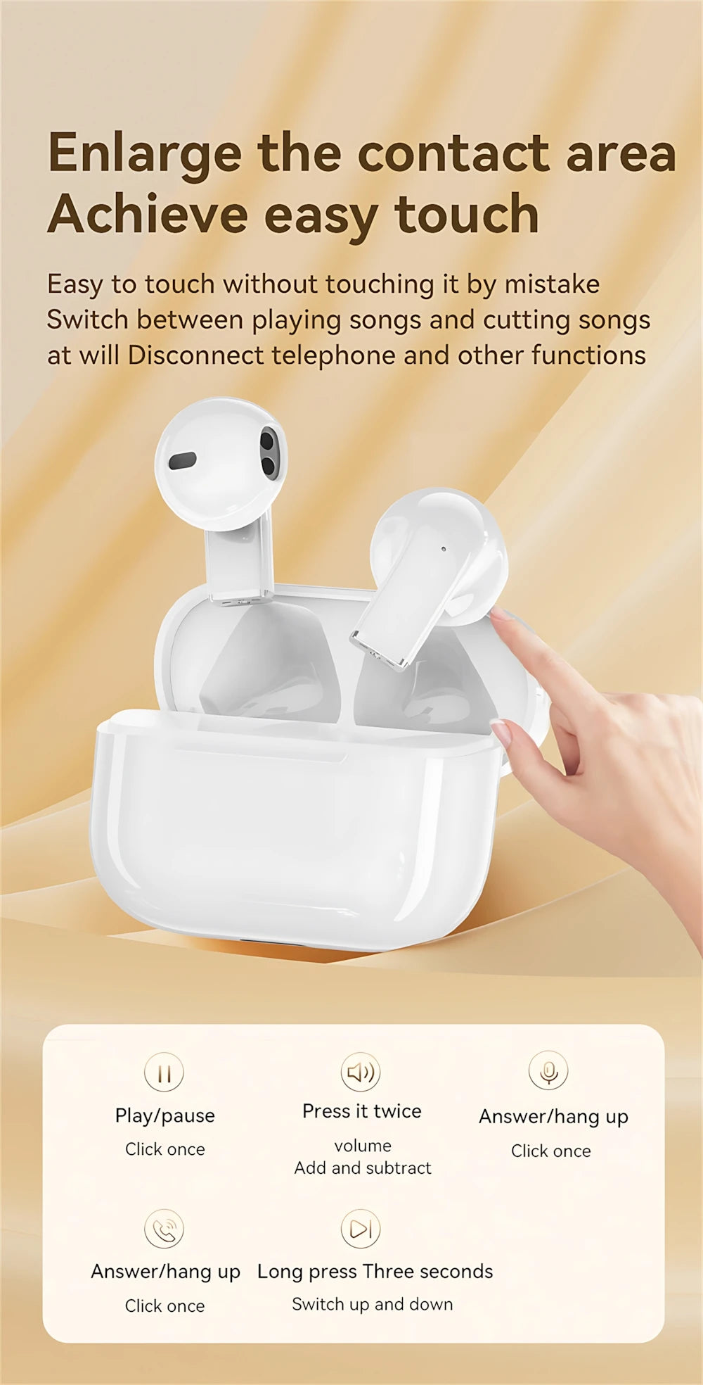 White True Wireless Earbuds with touch controls shown next to a hand demonstrating the easy connection feature.