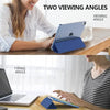 Two viewing angles of a blue slim stand case for an iPad showing typing and viewing angles.