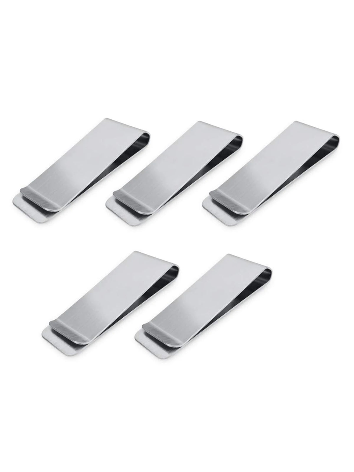 Four ultra-thin stainless steel money clips displayed on a white background.
