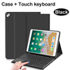 Black case and touch keyboard for an iPad shown with a hand interacting with the device.