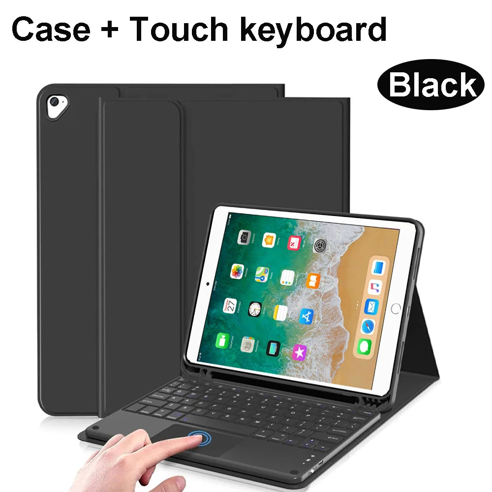 Black case and touch keyboard for an iPad shown with a hand interacting with the device.