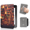 A leather case designed to hold a Kindle Paperwhite, shown in various angles.