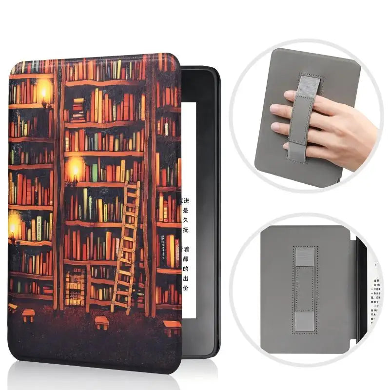 A leather case designed to hold a Kindle Paperwhite, shown in various angles.