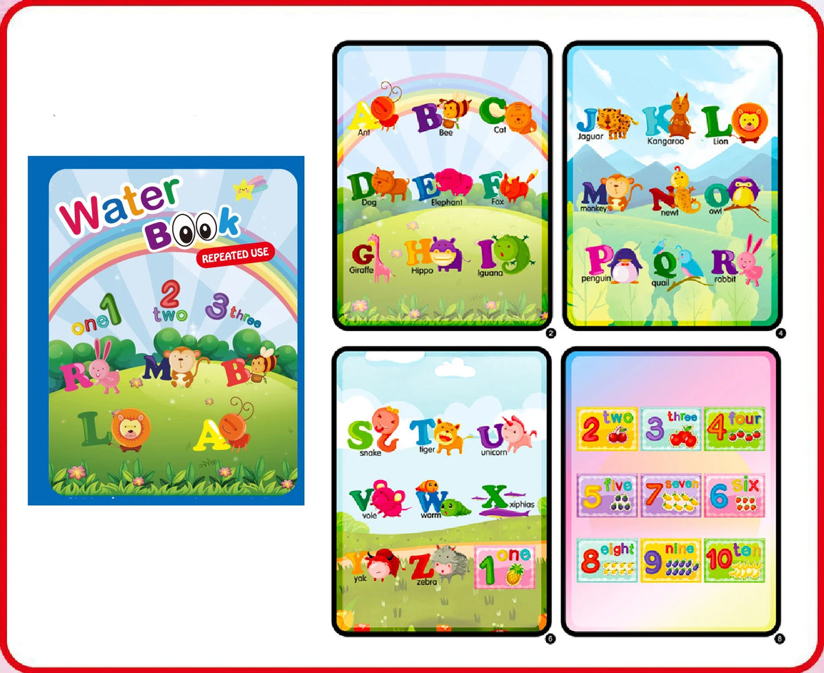 A set of magic water drawing and coloring notebooks featuring letters, animals, and numbers for early learning.