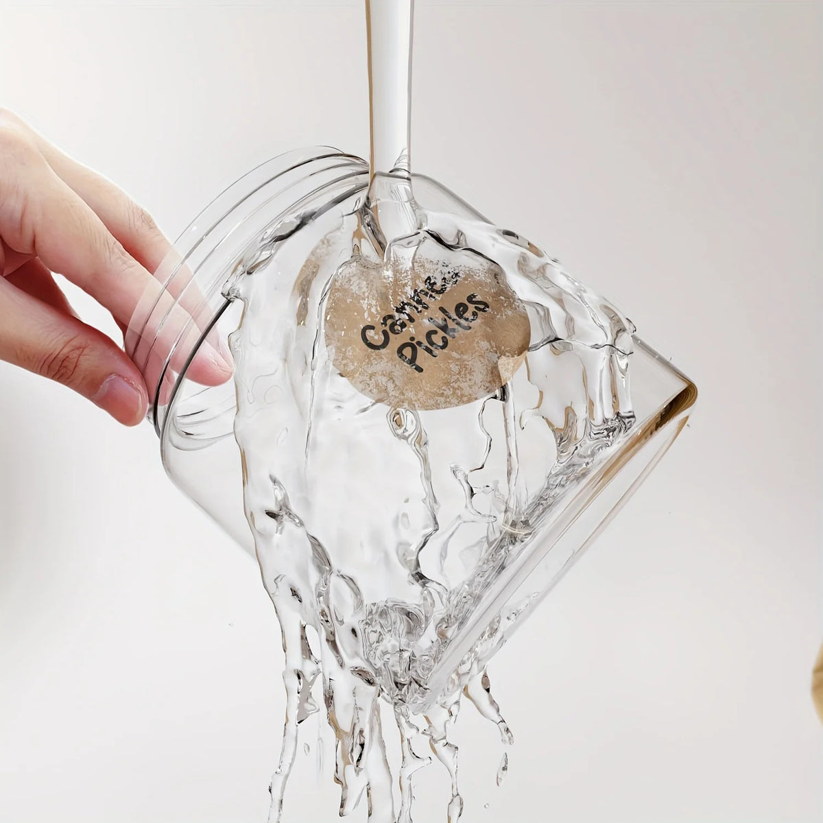 A hand pours liquid into a glass jar containing Kraft paper self-adhesive round labels for organization