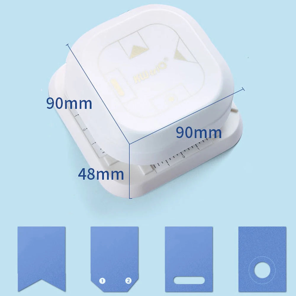 A white crafting tool with a round punch and corner cutter, shown alongside various tag shapes.