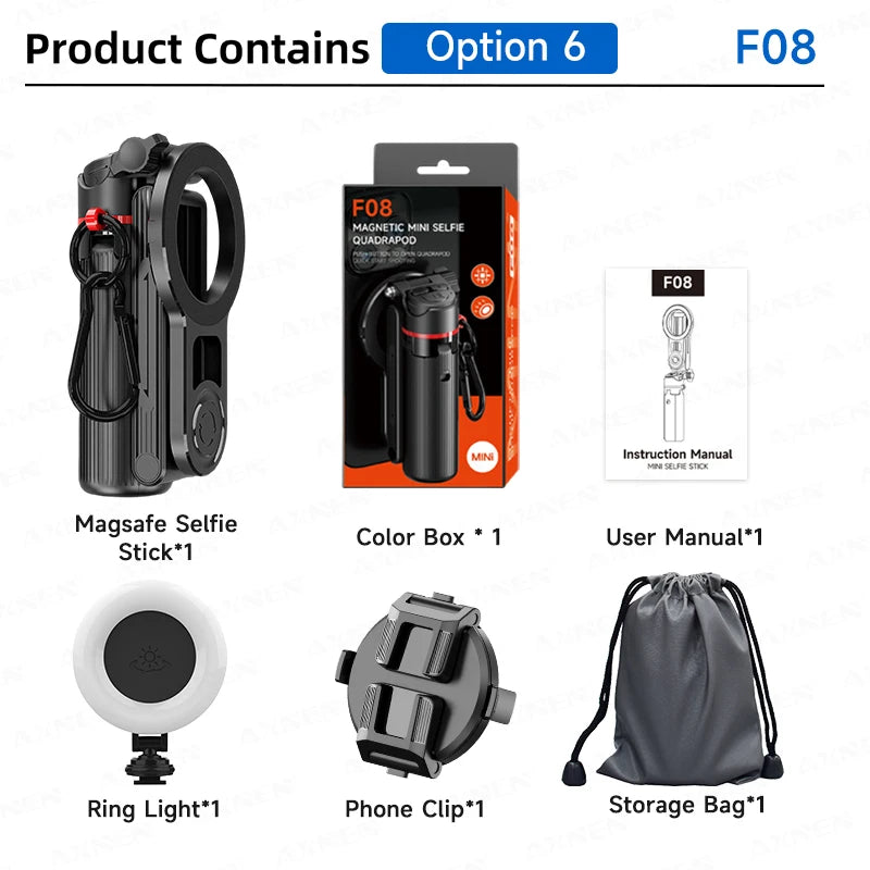 Magnetic selfie stick tripod kit including ring light, phone clip, and storage bag