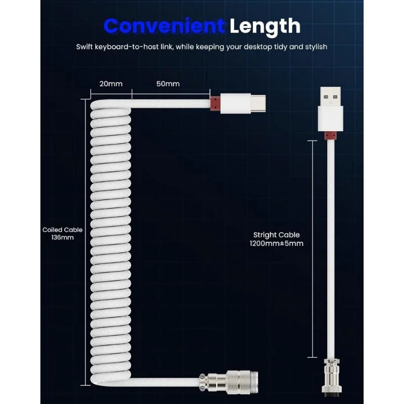 Ein weißes, gewickeltes USB-C-Tastaturkabel neben einer geraden Version, das eine bequeme Länge für den Desktop zeigt.