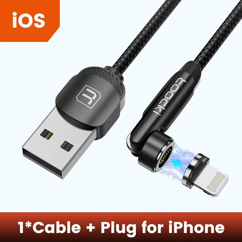 A black magnetic charging cable and plug designed for connecting an iPhone to a device.