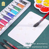 A set of watercolor paint tubes and a brush on a white paper card demonstrating high water absorbency for expressive watercol