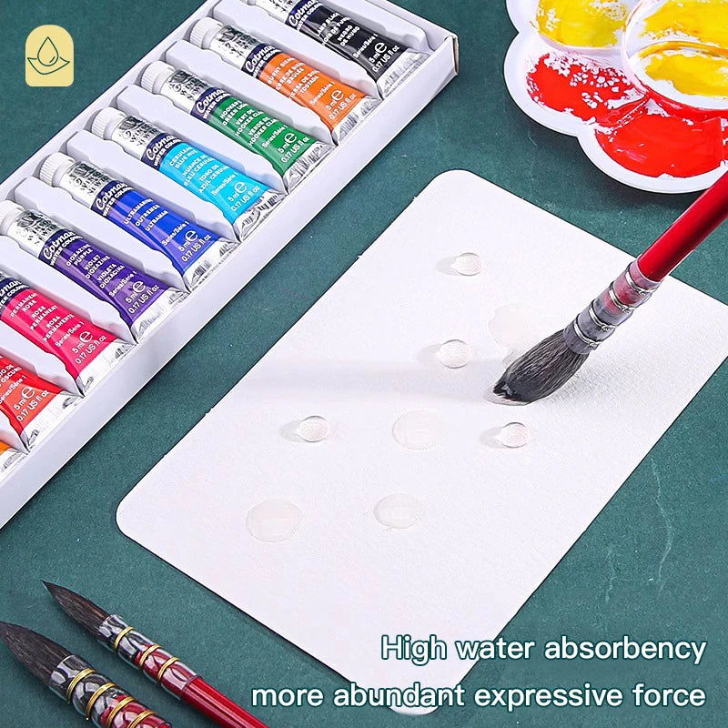 A set of watercolor paint tubes and a brush on a white paper card demonstrating high water absorbency for expressive watercol