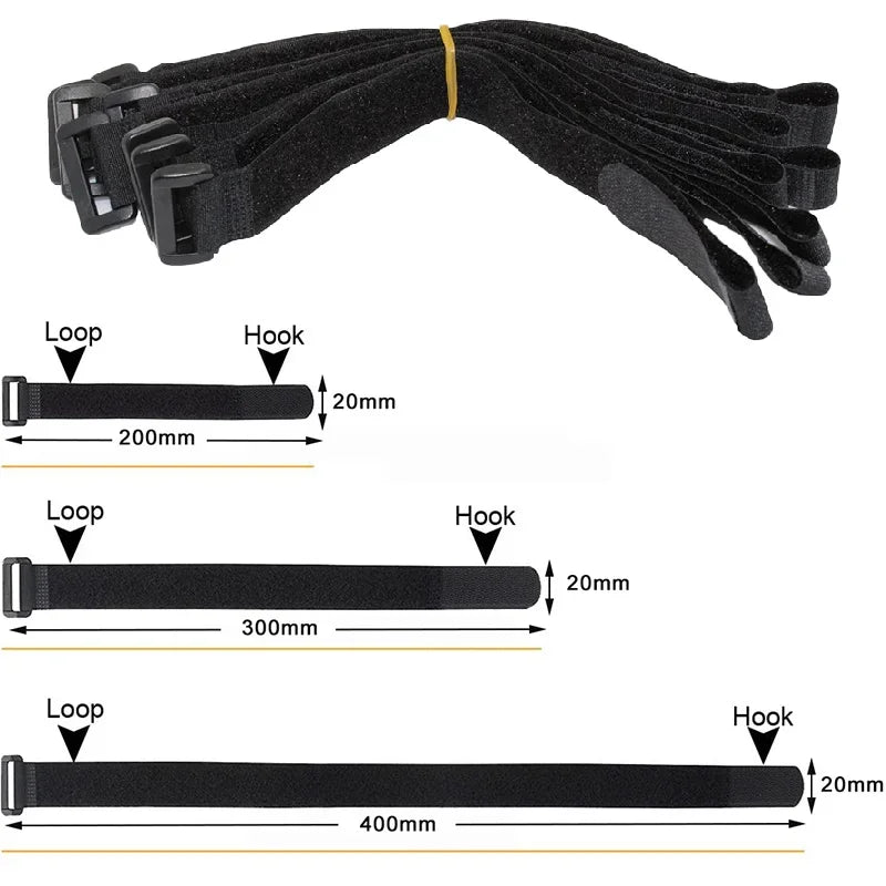 Black reusable hook and loop cable ties shown with various lengths for securing items