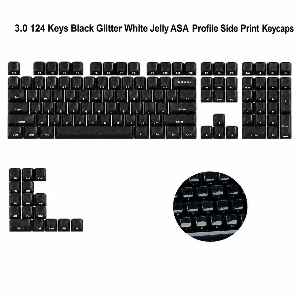A set of 124 black glitter white jelly ASA profile side print keycaps for mechanical keyboards.