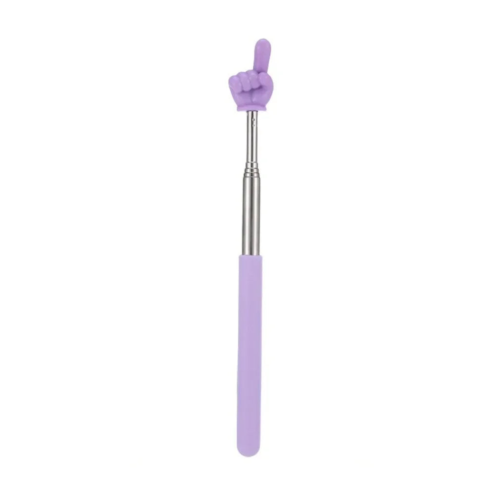 A purple telescopic stainless steel teaching pointer with a hand gesture at the top.