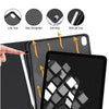 A black universal protective case with a keyboard for an iPad Air showing various features like a lens hole and anti-drop des