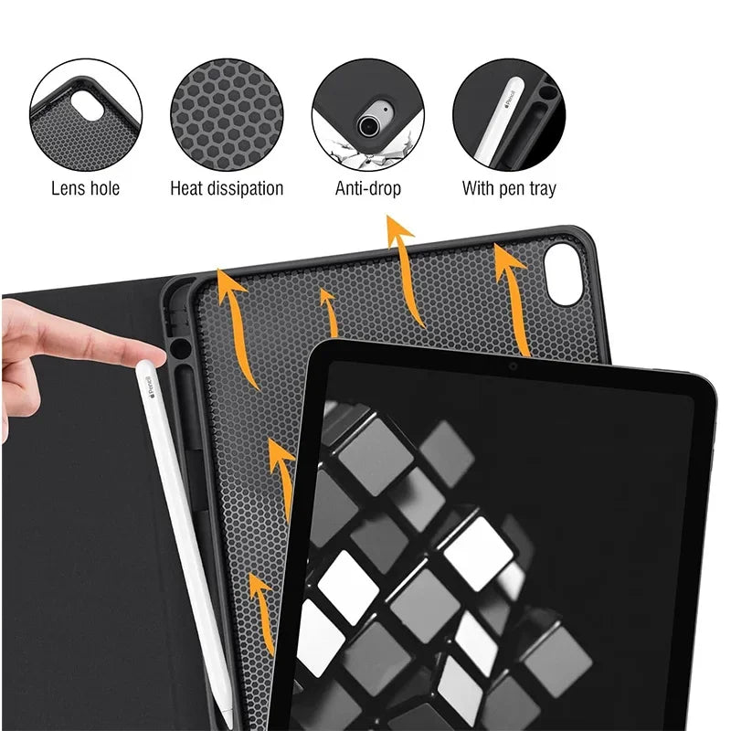 A black universal protective case with a keyboard for an iPad Air showing various features like a lens hole and anti-drop des
