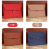 Four leather document organizer bags shown in red, milk tea, brown, and blue colors.