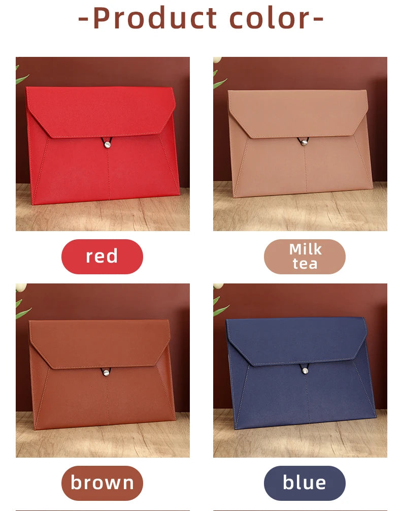 Four leather document organizer bags shown in red, milk tea, brown, and blue colors.