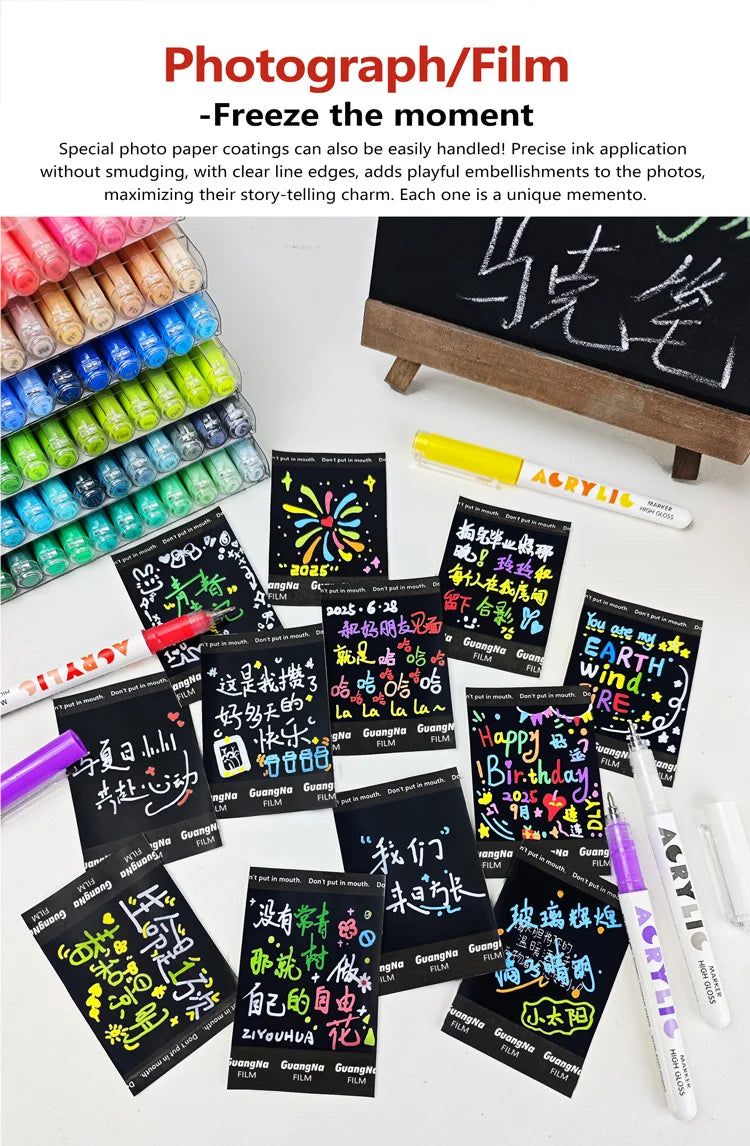 A set of high-gloss acrylic marker pens in various colors and shades displayed on a white surface.