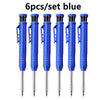 A set of six blue precision mechanical drawing pencils.