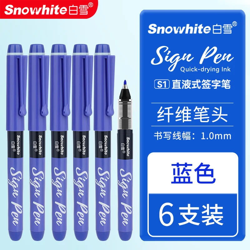 A set of six blue Sign Pens with fiber tips and quick-drying ink shown next to a blue packaging box.