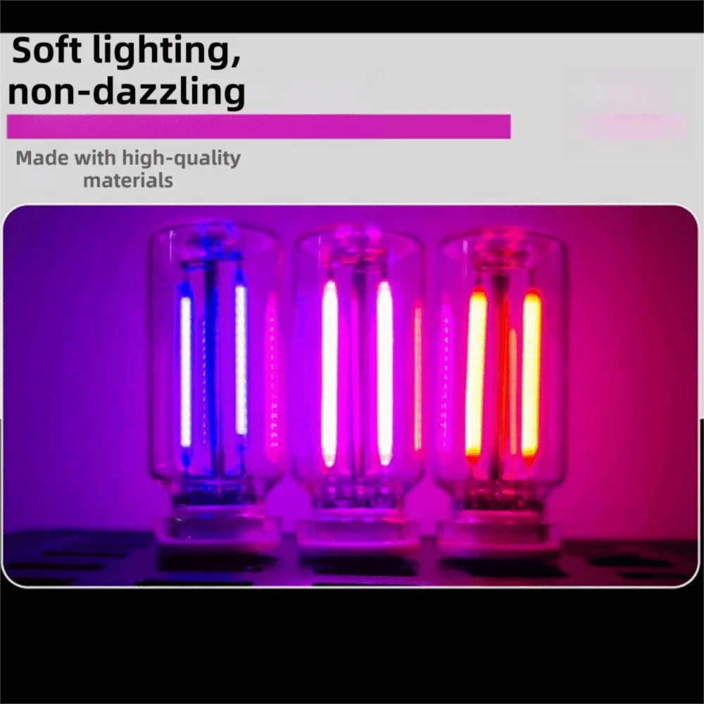 Two retro Edison style LED bulbs glowing in purple and pink light against a dark background.