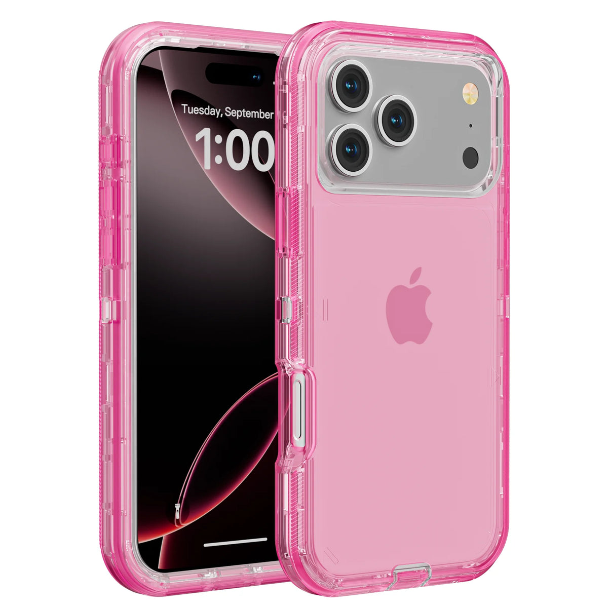 A pink clear shockproof case for an iPhone, showing the phone screen and back.